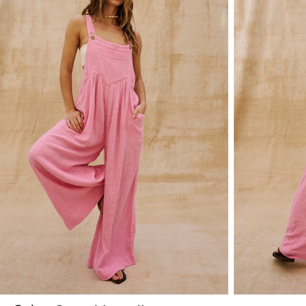 Free People Pink Wide-Leg Linen Blend Overalls Jumpsuit - Picture 2 of 6
